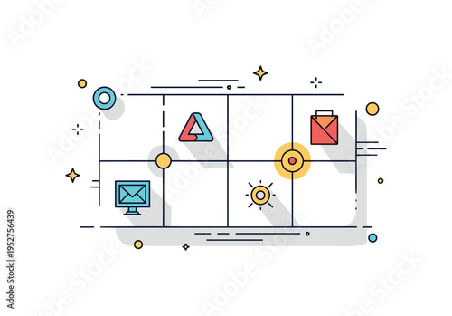 Creative grid layout concept shown as a simplified grid with highlighted focal elements and subtle accent shapes, symbolizing structured experimentation and