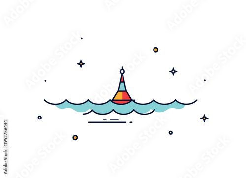 Ocean calm moment small buoy centered in wide open negative space with gentle wave accents below. A peaceful concept illustration highlighting solitude and