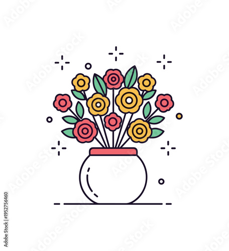 Elegant floral centerpiece vase depicting a symmetrical bouquet arranged neatly in a rounded pot, symbolizing celebration and thoughtful design. Small spark