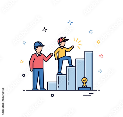 Career mentorship moment showing a guide standing beside ascending steps while a learner prepares to climb representing structured advancement and confidence