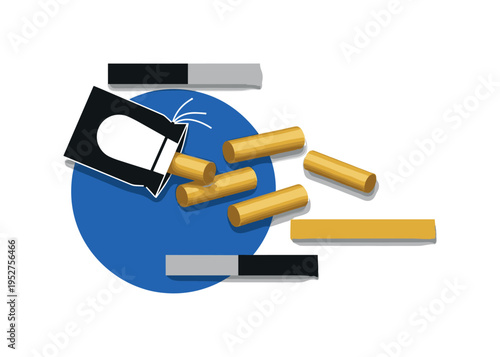 Black and white small pouch tipped over with Hanukkah gelt spilling out, bold cobalt blue circle anchoring composition, flat gold cylindrical shapes arranged