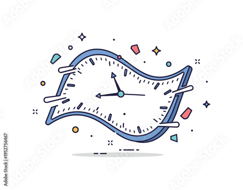 Temporal anomalies concept illustrated by a classic clock face bending in a smooth wave shape with small floating fragments around it, expressing distortion of