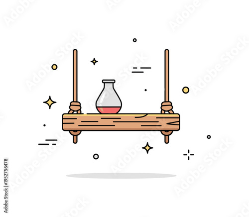 DIY rope shelf wooden plank shelf suspended by thick rope with small ceramic vase on top, symbolizing handmade functional decor and minimalist rustic