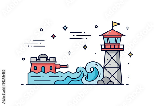 Coastal garrison defense scene with a small fort structure facing stylized waves and a lookout tower. Minimal motion lines and subtle star details emphasize
