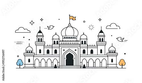 Palace architecture elegance. A grand palace facade with arches and towers, calm symmetry and timeless beauty. Quiet majestic mood with soft clouds and