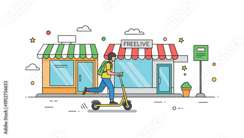 Scooter rider gliding past storefronts on a sunny sidewalk, capturing movement, energy, and casual urban exploration. Minimalist flat vector illustration,