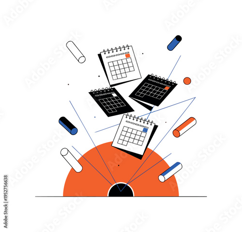 Black and white image of floating calendar squares detached from screen, oversized orange semicircle grounding the composition like central hub, thin blue