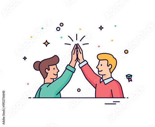 Celebrating together pair of friends raising hands in shared achievement with subtle confetti dots around. A joyful editorial icon about encouragement and