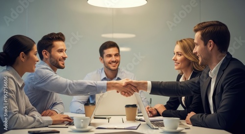 Professionals shaking hands in a business meeting around a conference table