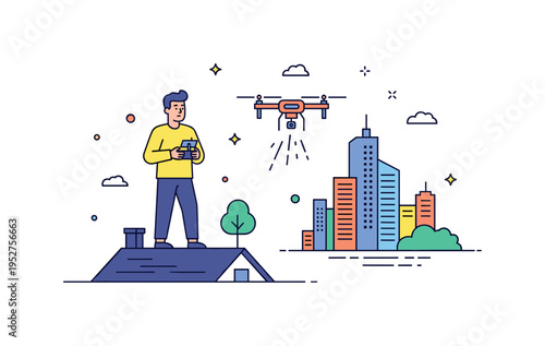 Urban drone exploration man holding controller on a simple rooftop silhouette while drone hovers near a city skyline icon, expressing curiosity and aerial