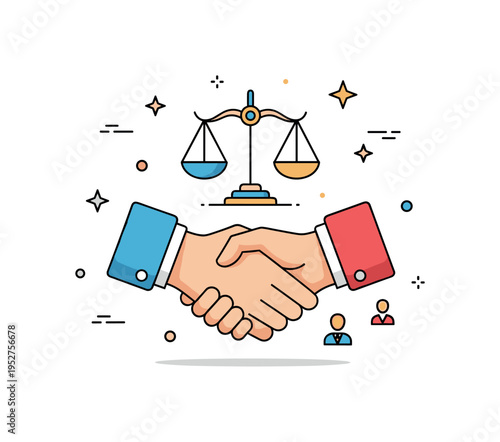 Peaceful negotiation handshake framed by balanced scales icon above, symbolizing fairness and equitable outcomes. A refined editorial illustration about