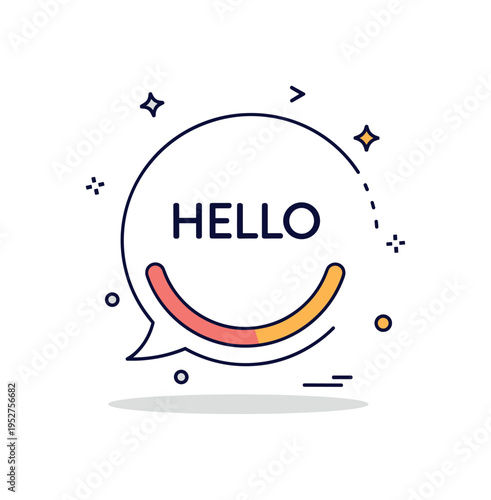 Simple hello positivity symbol centered on a curved smile line combined with a minimal speech bubble outline, expressing optimism and friendly tone