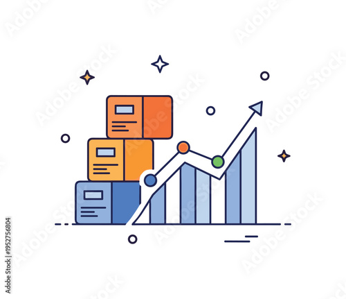 Demand forecasting and planning concept depicted by stacked boxes next to a rising line graph, symbolizing predictive analytics and supply optimization. The