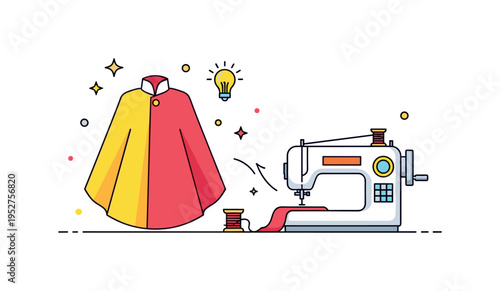 Sewing a cosplay costume scene featuring a sewing machine with bright fabric shaped into a stylized cape, symbolizing dedication and detailed garment creation.