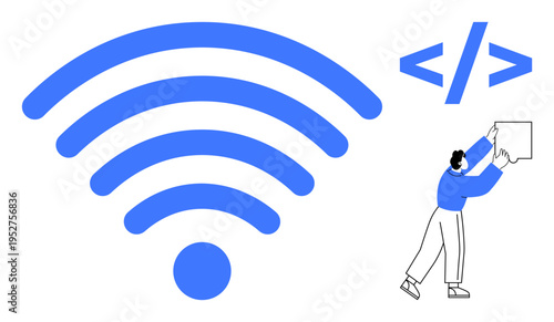Wireless connectivity. wireless symbol internet access and coding with a programmer arranging elements. Wireless connectivity for web development, communication, technology innovation, digital tools