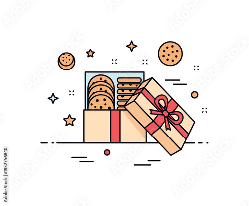 Cookie gift box small open box revealing neatly arranged cookies tied with a ribbon. A charming concept badge about sharing sweets and thoughtful gestures.