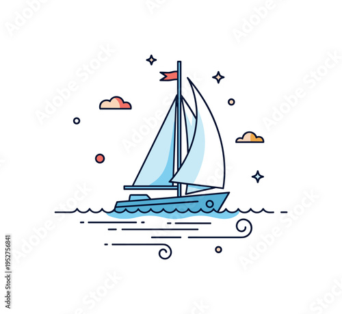 Marine travel adventure sailboat gliding across a smooth water surface with subtle wind swirl lines, expressing freedom, exploration, and nautical journeys.