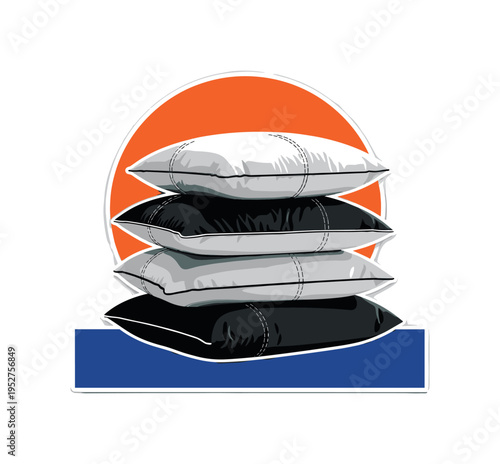 Black and white stack of pillows slightly misaligned, large flat orange circle behind top pillow, thin horizontal lines referencing fabric stitching, deep blue