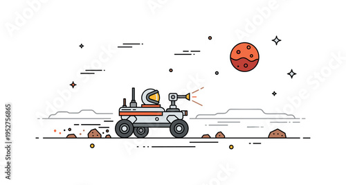 Mars rover exploration on the red planet with a compact robotic vehicle as the central focus rolling across a simplified Martian landscape with small rocks and