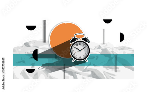 Black and white retro alarm clock on wrinkled sheets, oversized orange circle casting flat shadow shape, teal horizontal bar slicing composition, abstract