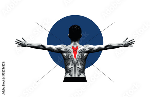 Black and white back view of a person with arms extended outward in a stretch, large deep blue circular halo emphasizing shoulder expansion, sharp