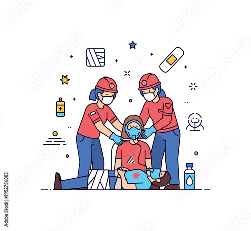 Emergency care for injured victims with bandages and oxygen masks, showing attentive paramedics stabilizing people in need. Minimalist flat vector