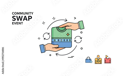 Community swap event visualized by two hands exchanging a folded sweater, with small circular arrows between them to symbolize sharing and recirculation. The