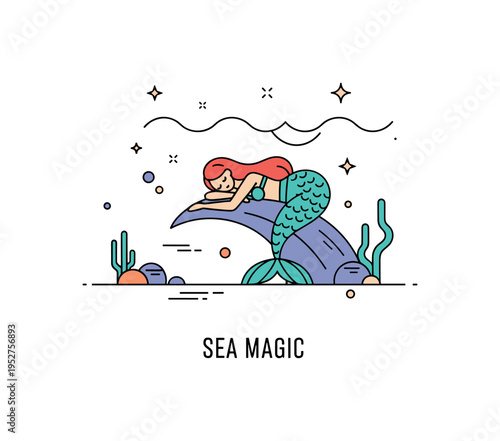 Mermaids underwater fantasy lagoon illustration featuring a mermaid figure resting on a curved rock form beneath gentle wave lines, symbolizing mystery and