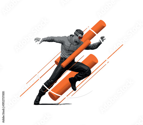 A realistic monochrome action figurine in a dynamic pose, combined with orange cylindrical accents and diagonal lines expressing motion and imagination, white