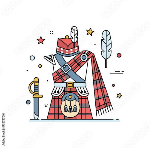 Scottish highland dress classic kilt with sporran and feathered cap arranged as a proud symbolic ensemble, representing identity and ceremonial tradition.