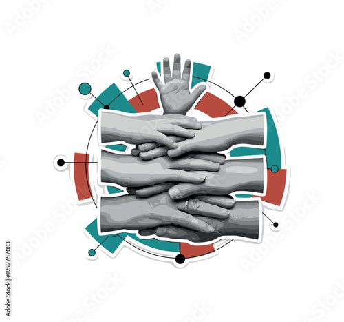 Black and white hands stacked together from different ages, geometric circles and thin lines forming a symbolic network around them, flat abstract color blocks
