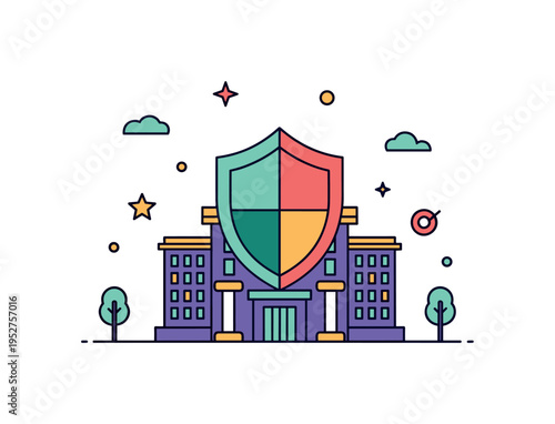 Defense and security institution shield emblem layered over a structured building silhouette, suggesting national protection and organized defense. A bold