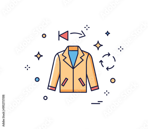 Throwback fashion retro revival concept centered on a vintage jacket silhouette paired with small sparkle accents and a subtle rewind arrow, symbolizing