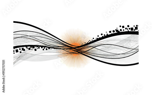 monochrome abstract curved lines forming invisible wind currents across empty space, orange circular burst behind center and black geometric fragments subtly