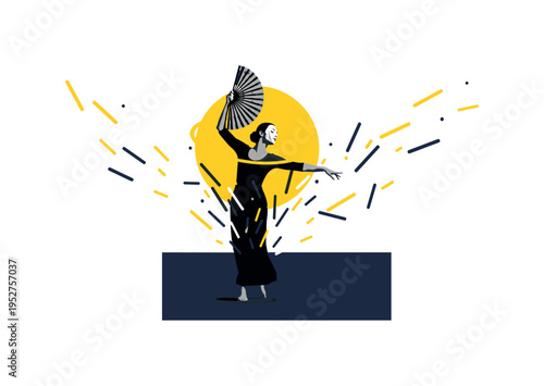 Conceptual carnival energy theme with black-and-white dancer silhouette holding decorative fan, bold yellow circular halo and deep navy rectangular base,