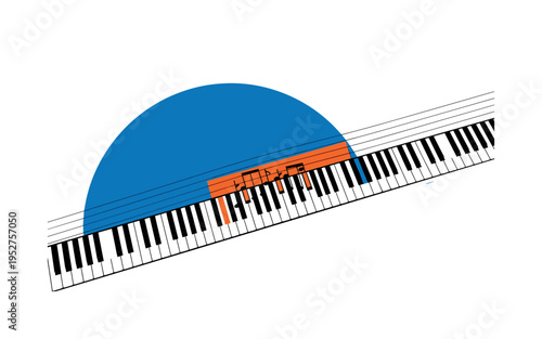Black and white grand piano keys extending diagonally across composition, large blue semicircle framing upper half, orange rectangular accent highlighting a