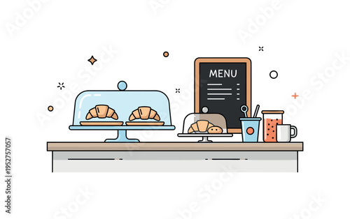 Vintage cafe counter scene featuring a glass pastry display with simple croissant shapes and a small chalkboard menu behind, symbolizing homemade treats,