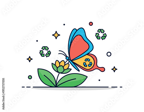 Eco friendly concept butterfly resting on a green leafed blossom with small recycle style accents, representing sustainability and respect for