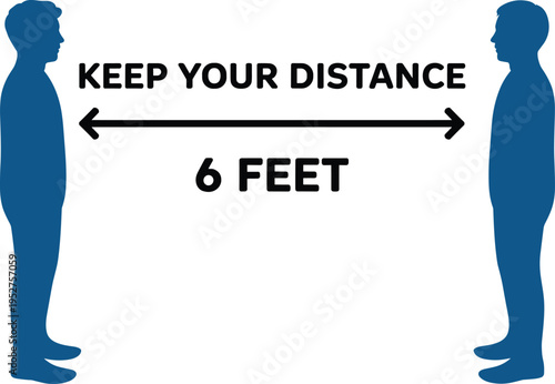Social distancing infographic showing blue silhouettes of two men standing six feet apart with a double arrow for public health and safety measures
