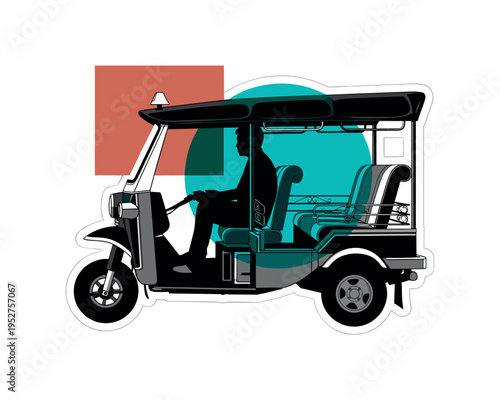 Black and white passenger silhouette seated inside a tuk-tuk, vibrant teal circle intersecting the cabin space, muted terracotta geometric rectangle offset to