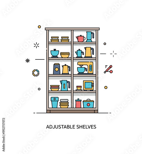 Tall pantry style cabinet scene centered on multiple adjustable shelves supporting bulky kitchen appliances, symbolizing flexible storage solutions. A short