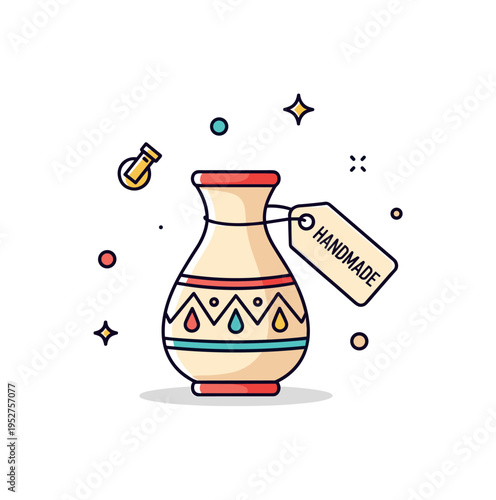 Local artisan souvenir featuring a tiny ceramic vase with painted patterns and a small tag labeled Handmade, expressing craftsmanship, culture, and personal