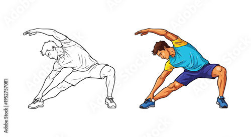 Vector illustration of a man performing a side bend stretch during his workout routine.