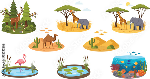 Collection of Diverse Animal Habitats Including Forest Savannah Desert Wetland and Ocean Ecosystems with Wildlife and Nature Elements Vector Illustration.