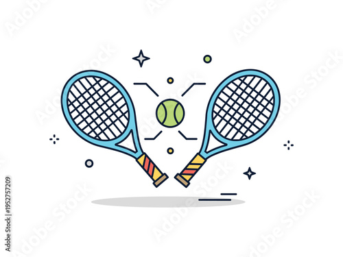 Tennis doubles teamwork illustrated by two simplified rackets angled toward a shared ball at the center with small connecting lines. The composition symbolizes