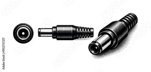 Laptop DC connector plug A detailed laptop charger DC connector plug with metal tip, plastic housing, and strain relief shown from front, side, and angled