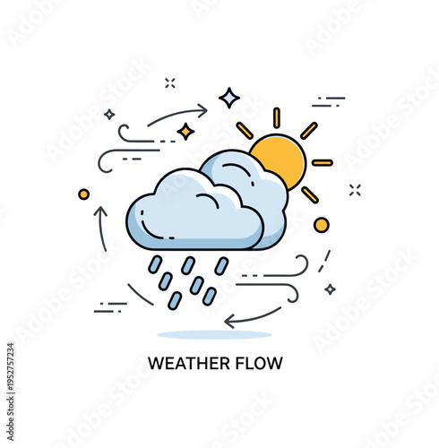 Weather system concept featuring a single cloud releasing rain on one side and sunlight on the other, symbolizing atmospheric dynamics. Subtle airflow lines