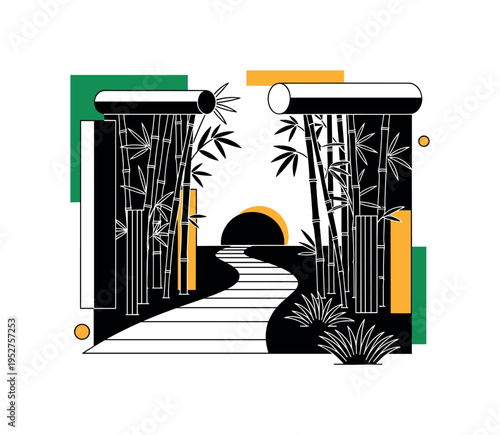 Black and white pathway cutting through stylized bamboo forest, semicircle sun low on the horizon, rectangular and cylindrical geometric elements shaping