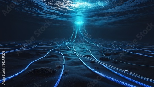Glowing submarine cables across deep ocean floor as global internet infrastructure and worldwide connectivity concept on dark underwater background