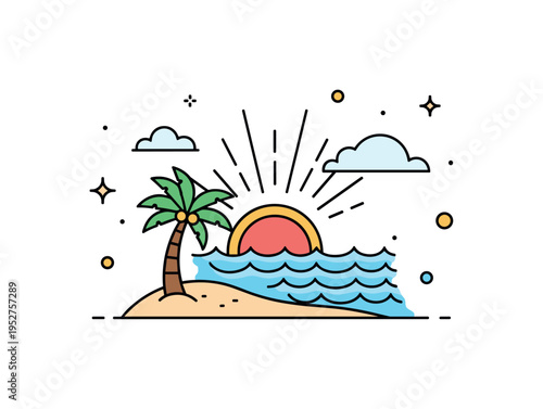 Beach sunset silhouette small palm tree and calm rolling waves under a radiant sky gradient, conveying the soothing rhythm of early summer nights near the